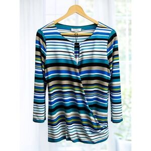 New Calvin Klein Faux Wrap 3/4 Sleeves Office Top Blouse Blue Black Stripes S
